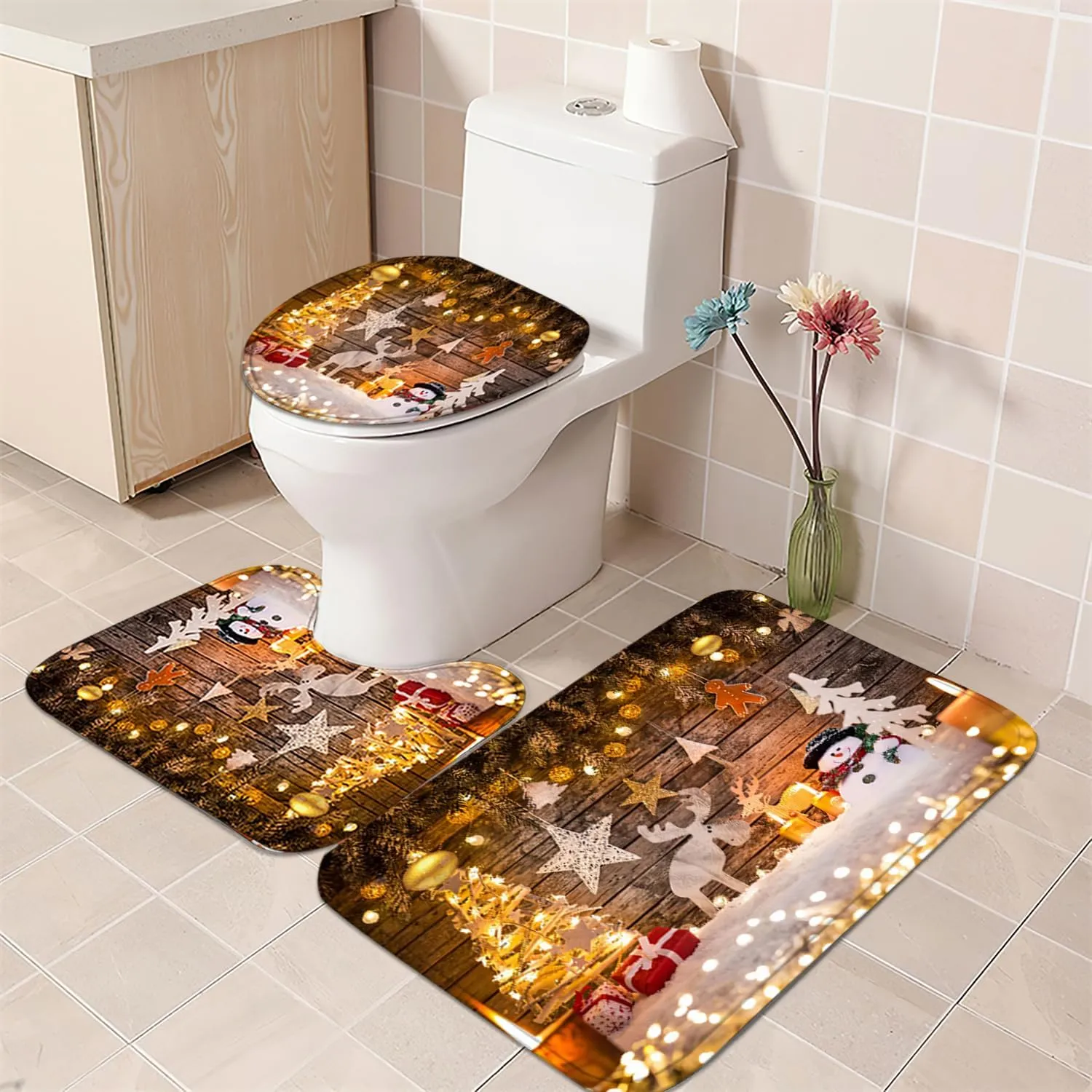 Christmas Shower Curtain Set with Curtain, Rugs, Bathroom Decor, Xmas NEW