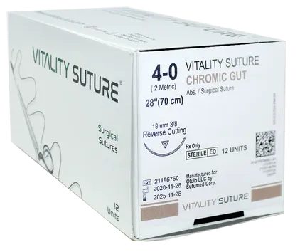 Chromic Gut Suture 4-0, 27" Thread with 19mm, 3/8 Reverse Cutting Needle. Brown. - Vitality™(Box of 12)