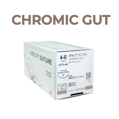 Chromic Gut Suture 4-0, 27" Thread with 19mm, 3/8 Reverse Cutting Needle. Brown. - Vitality™(Box of 12)