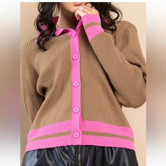 Color Block Collared Sweater Top