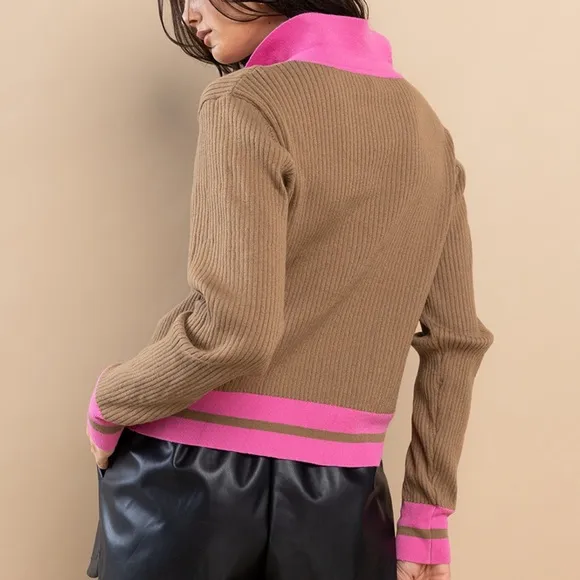 Color Block Collared Sweater Top