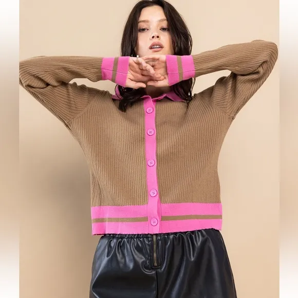 Color Block Collared Sweater Top