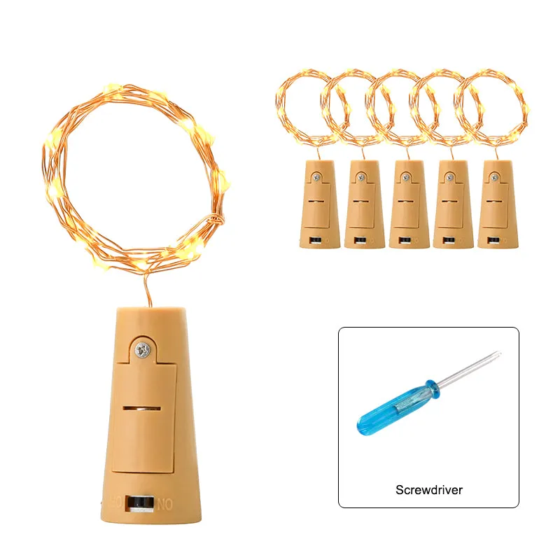 Cork-Shaped LED Light String - 6 Pieces, 18 Micro LED Per String, 3x LR44 Button Battery, 90cm String Lenght, Warm Yellow Light