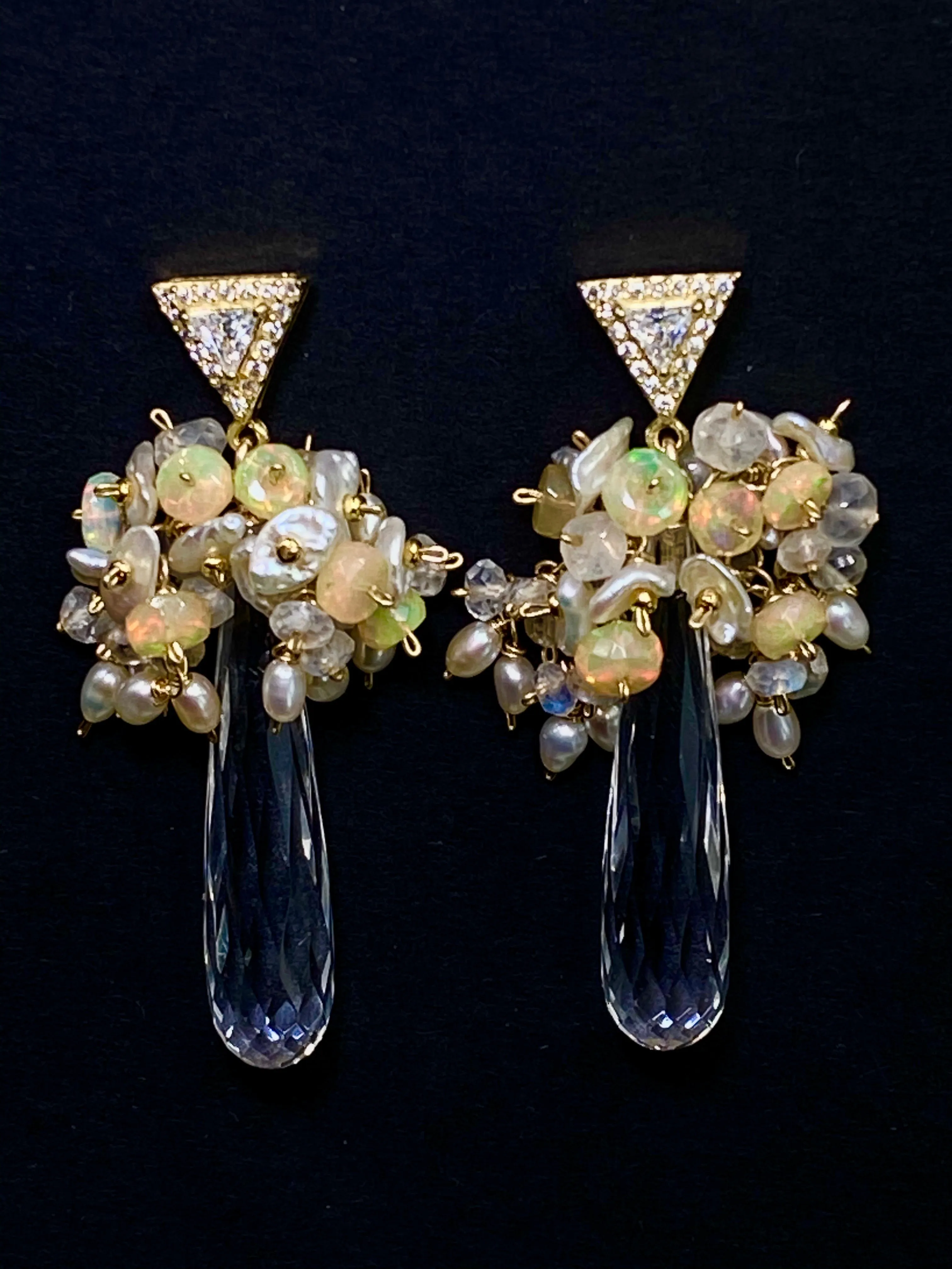 Crystal Quartz Opal and Moonstone Cluster Earrings Gold Post