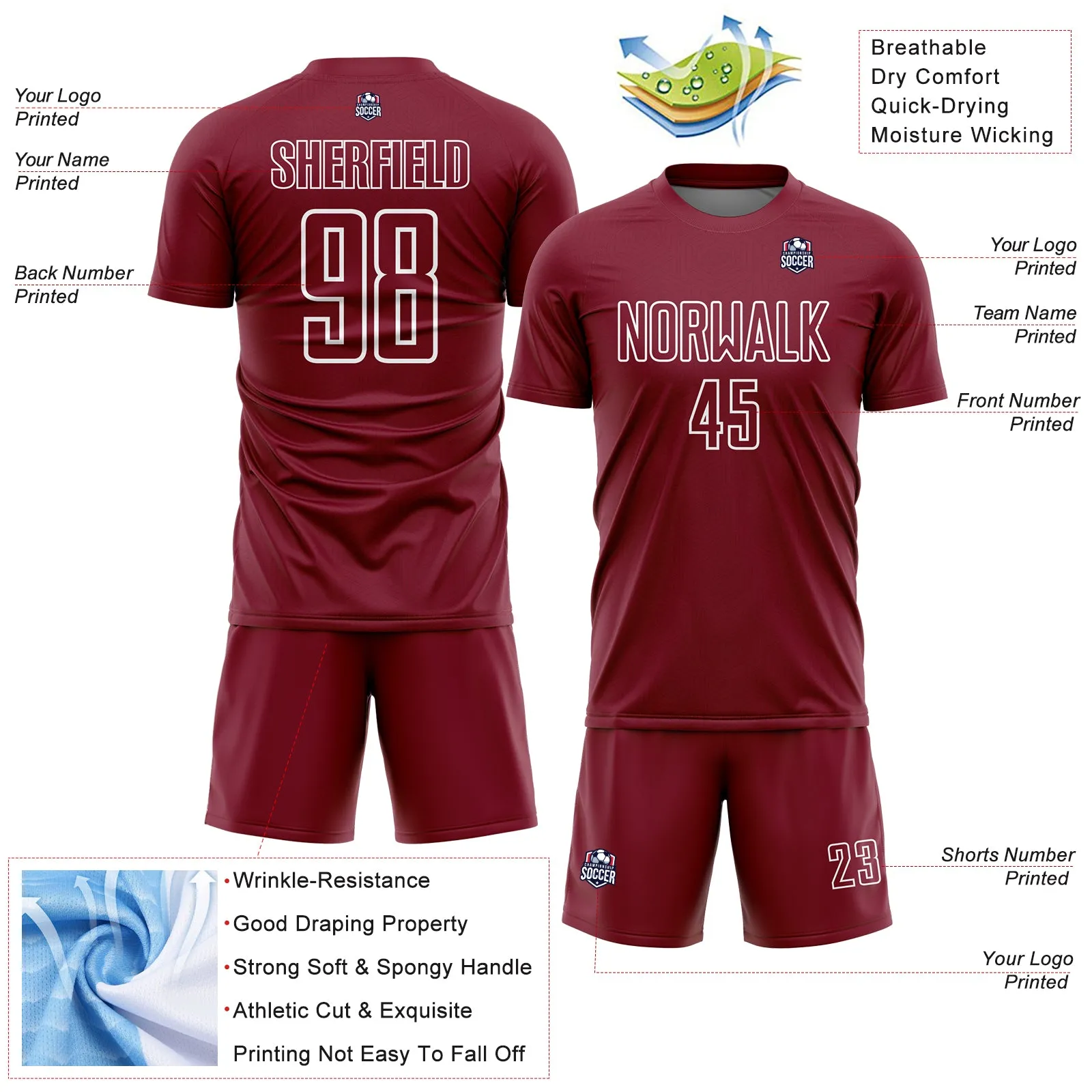 Custom Crimson White Geometric Shape Sublimation Soccer Uniform Jersey