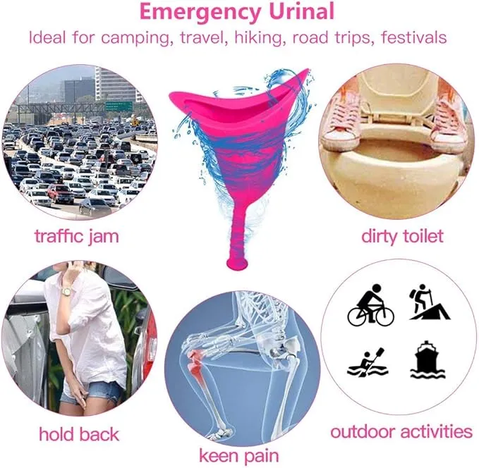 Female Urinal, Pee Funnel Silicone Portable Urinal with Storage Tube Ideal for Camping Travel Festivals Outdoor Activities - (Pink)