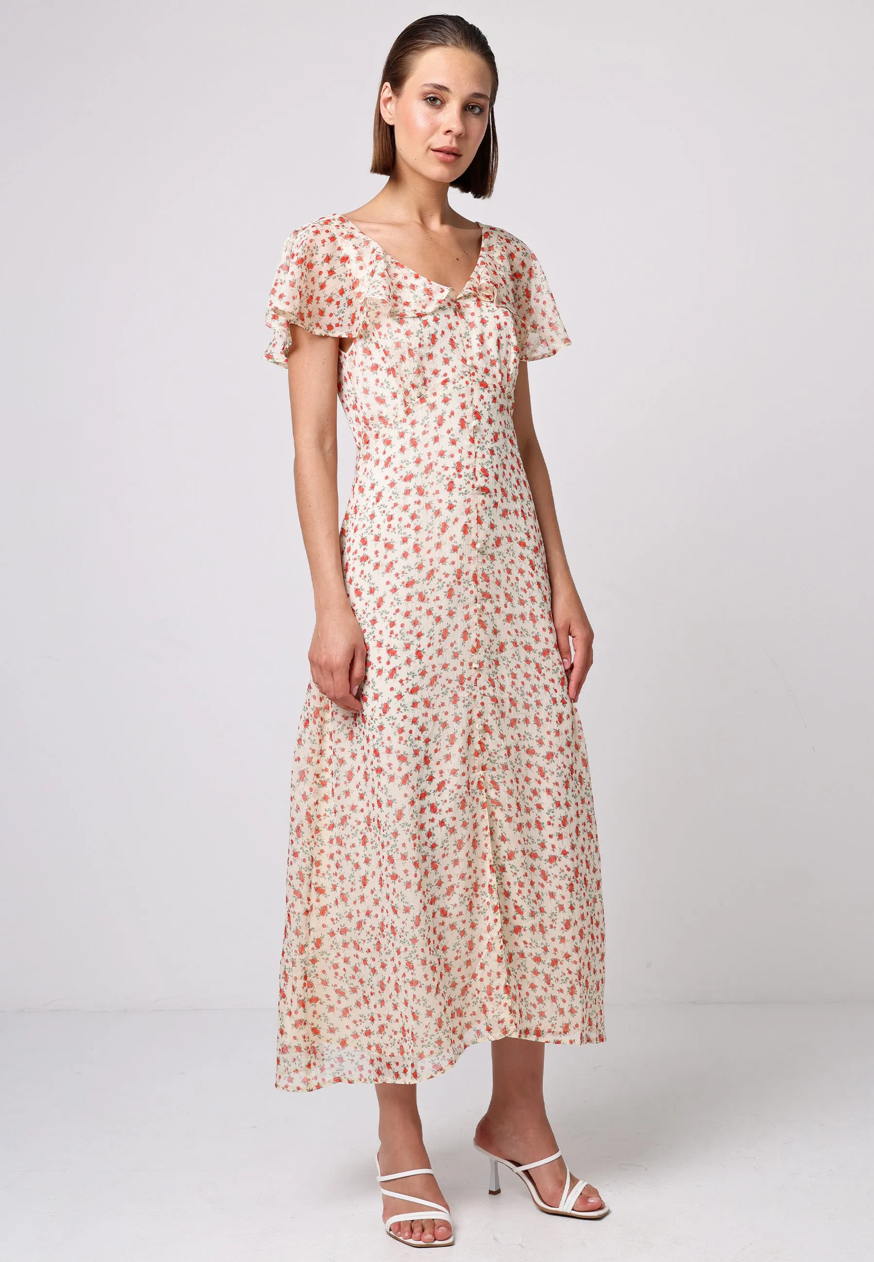 Flutter Sleeve Button Midi Dress