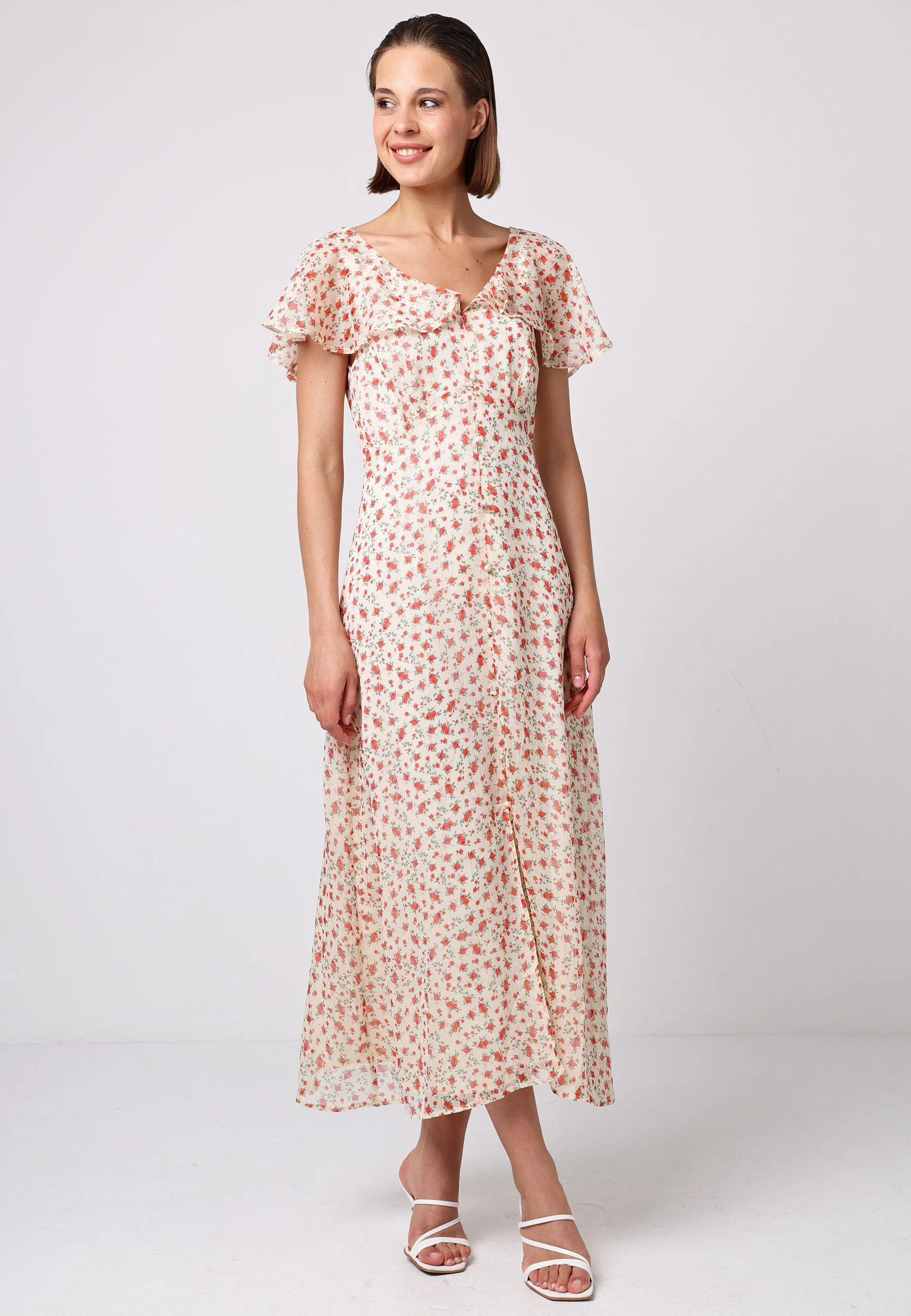 Flutter Sleeve Button Midi Dress