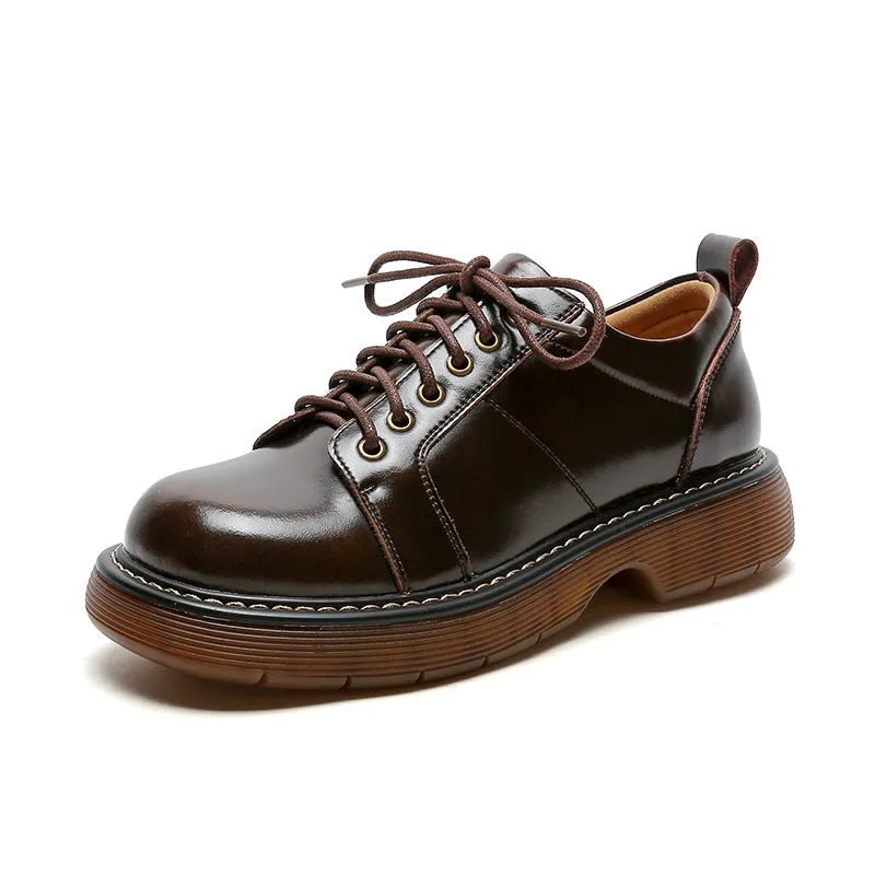 Genuine Brown Small Leather Shoes Retro Lace Up Women's Shoes