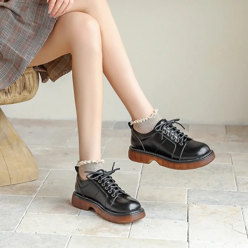Genuine Brown Small Leather Shoes Retro Lace Up Women's Shoes
