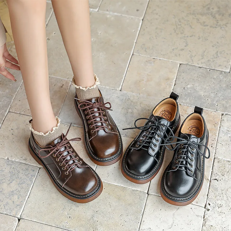 Genuine Brown Small Leather Shoes Retro Lace Up Women's Shoes