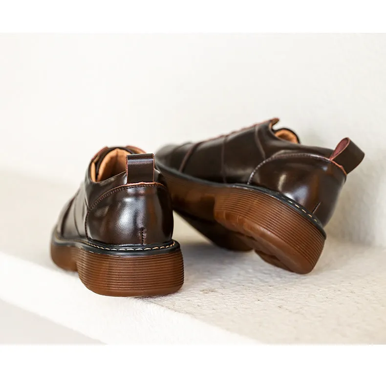 Genuine Brown Small Leather Shoes Retro Lace Up Women's Shoes