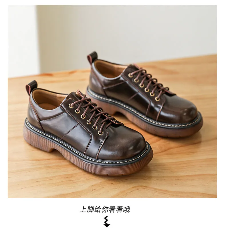 Genuine Brown Small Leather Shoes Retro Lace Up Women's Shoes