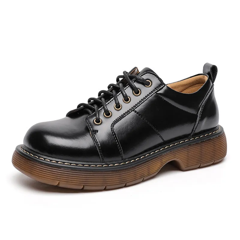 Genuine Brown Small Leather Shoes Retro Lace Up Women's Shoes