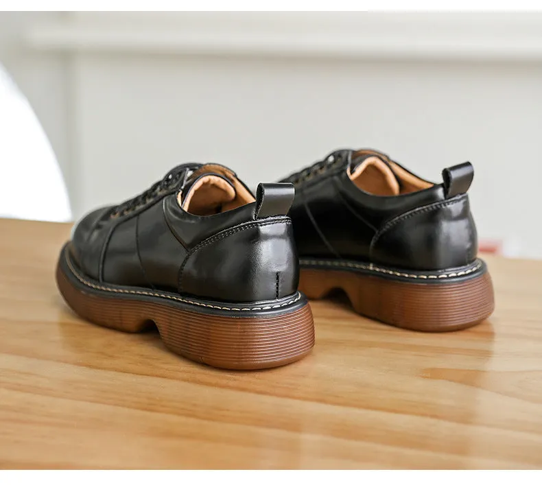 Genuine Brown Small Leather Shoes Retro Lace Up Women's Shoes