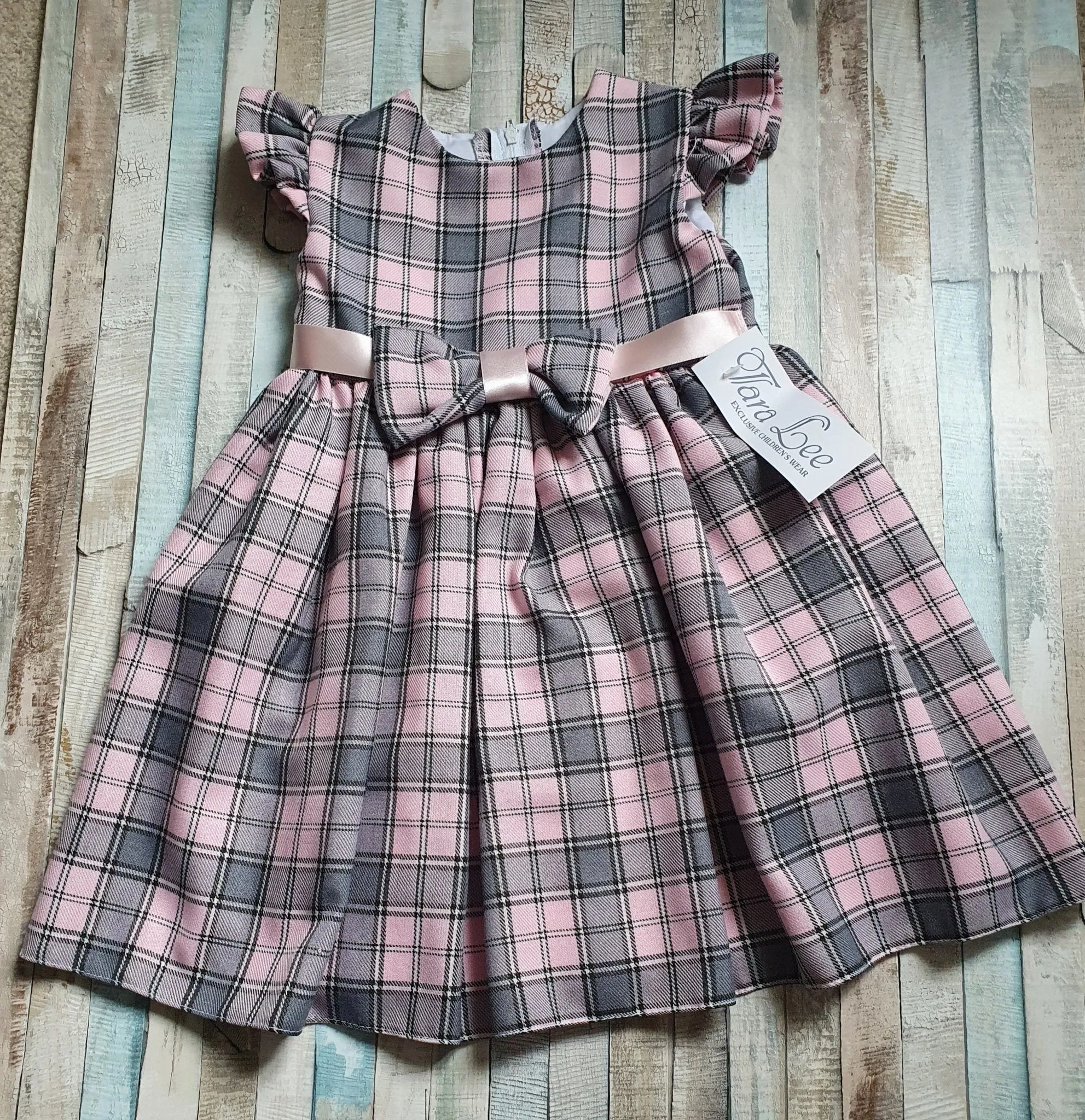 Girls Grey And Pink Tartan Capped Sleeve Dress
