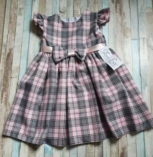 Girls Grey And Pink Tartan Capped Sleeve Dress