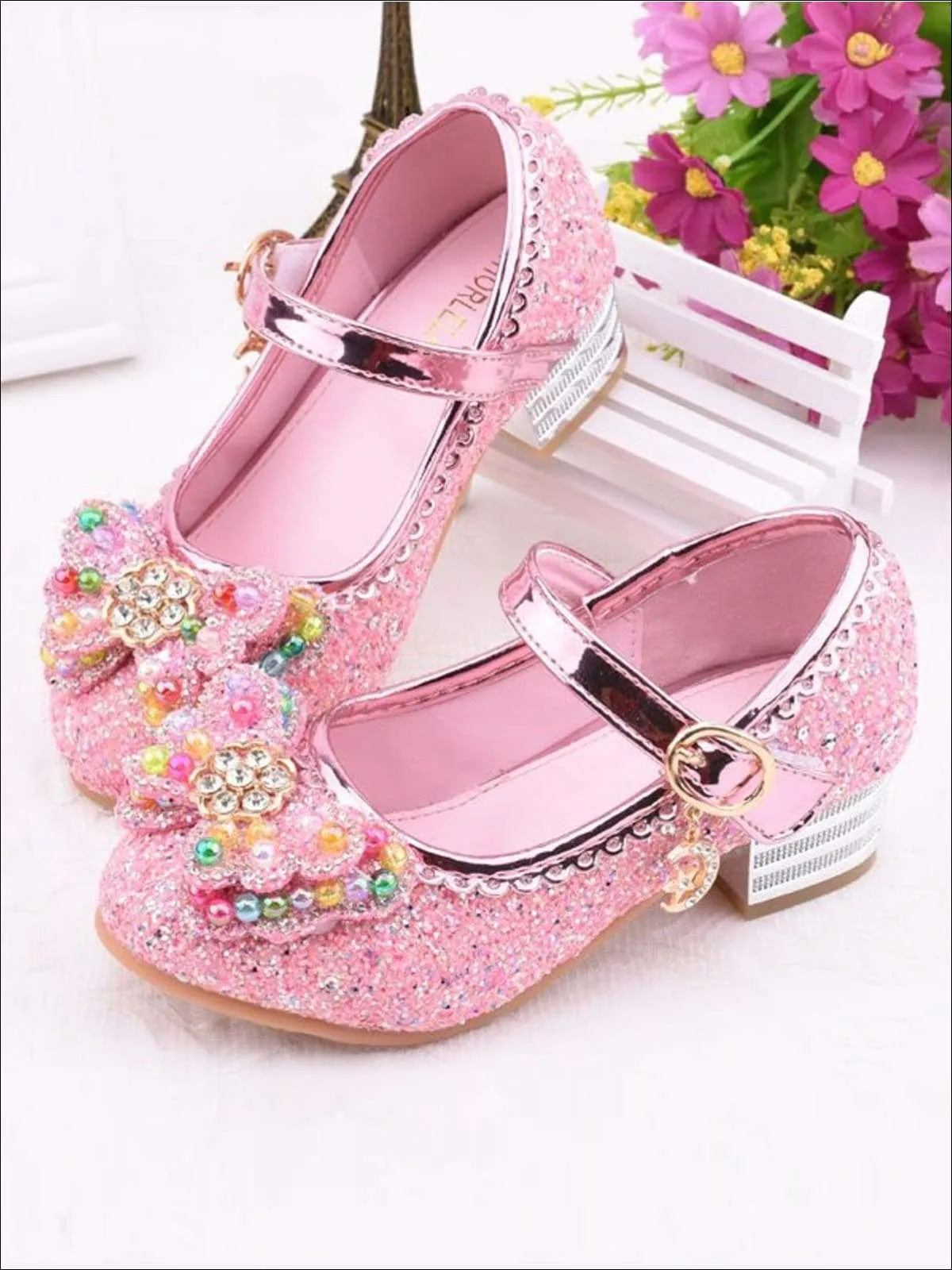 Girls Rhinestone Embellished Flats With Bow (4 Color Options) By Liv and Mia