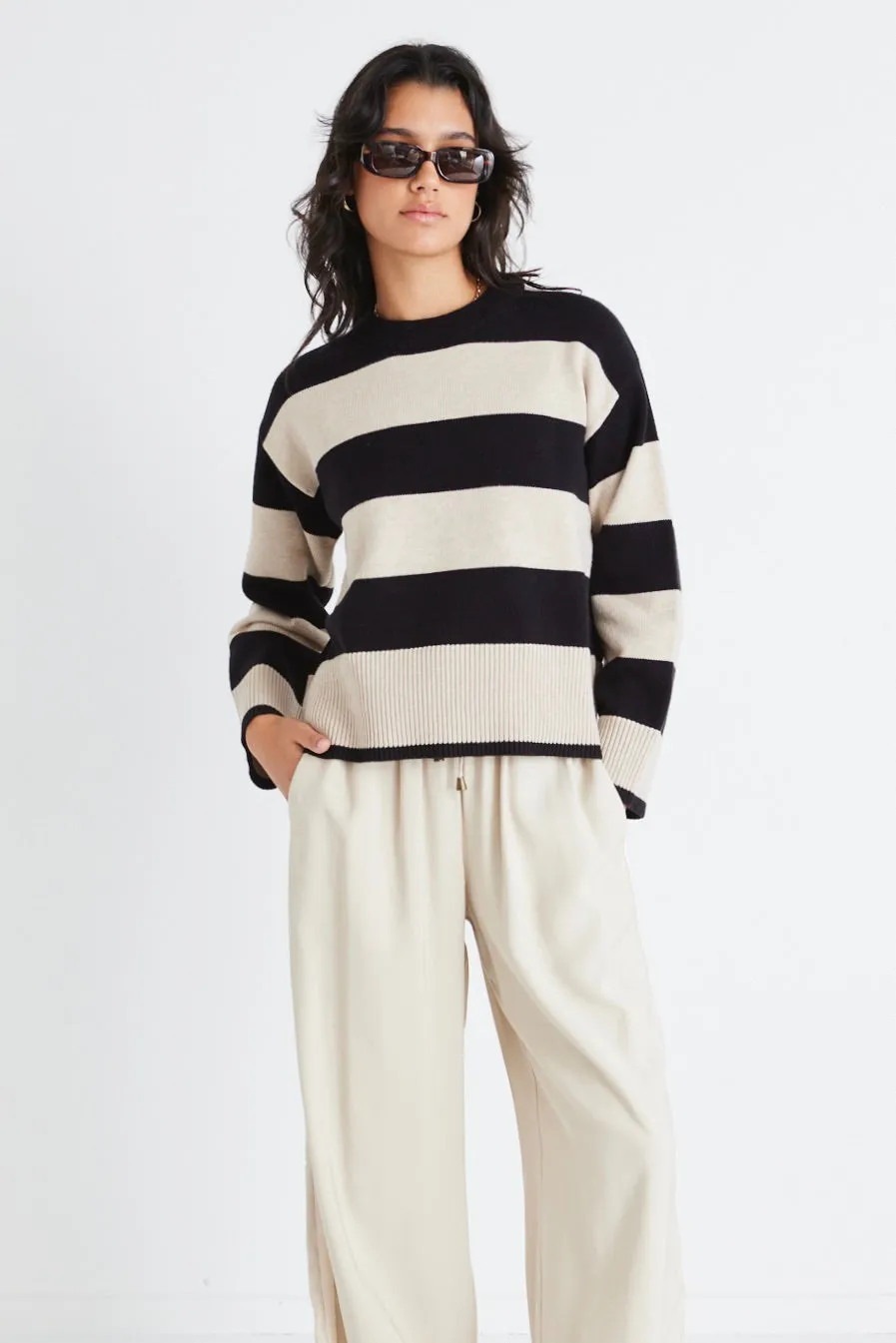 Gravity Black & Stone Stripe Crew Neck Knit Jumper
