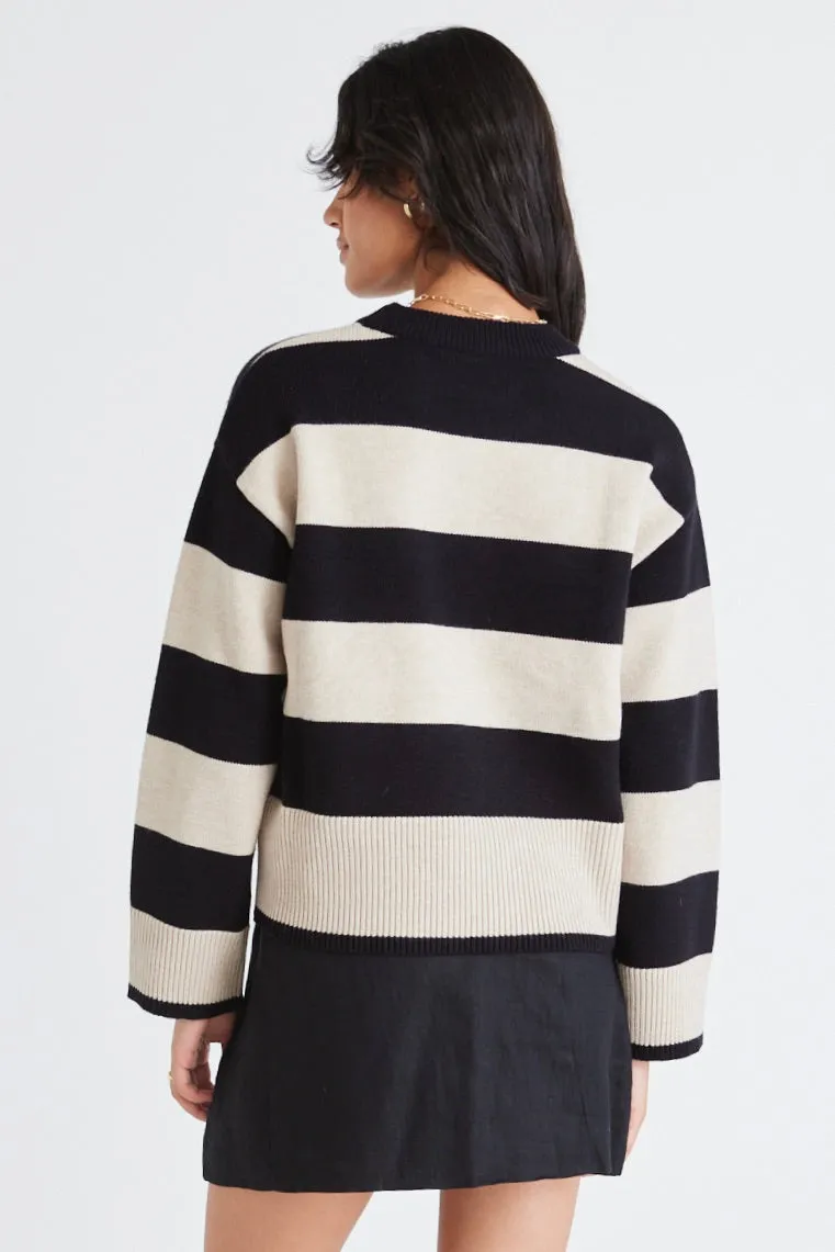 Gravity Black & Stone Stripe Crew Neck Knit Jumper