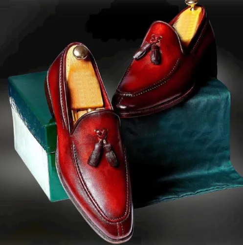Handmade Shaded Red Leather Casual Loafers for Men