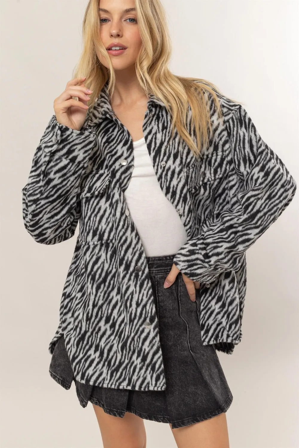 Hazel Blues® |  HYFVE Zebra Print Snap Down Long Sleeve Shacket