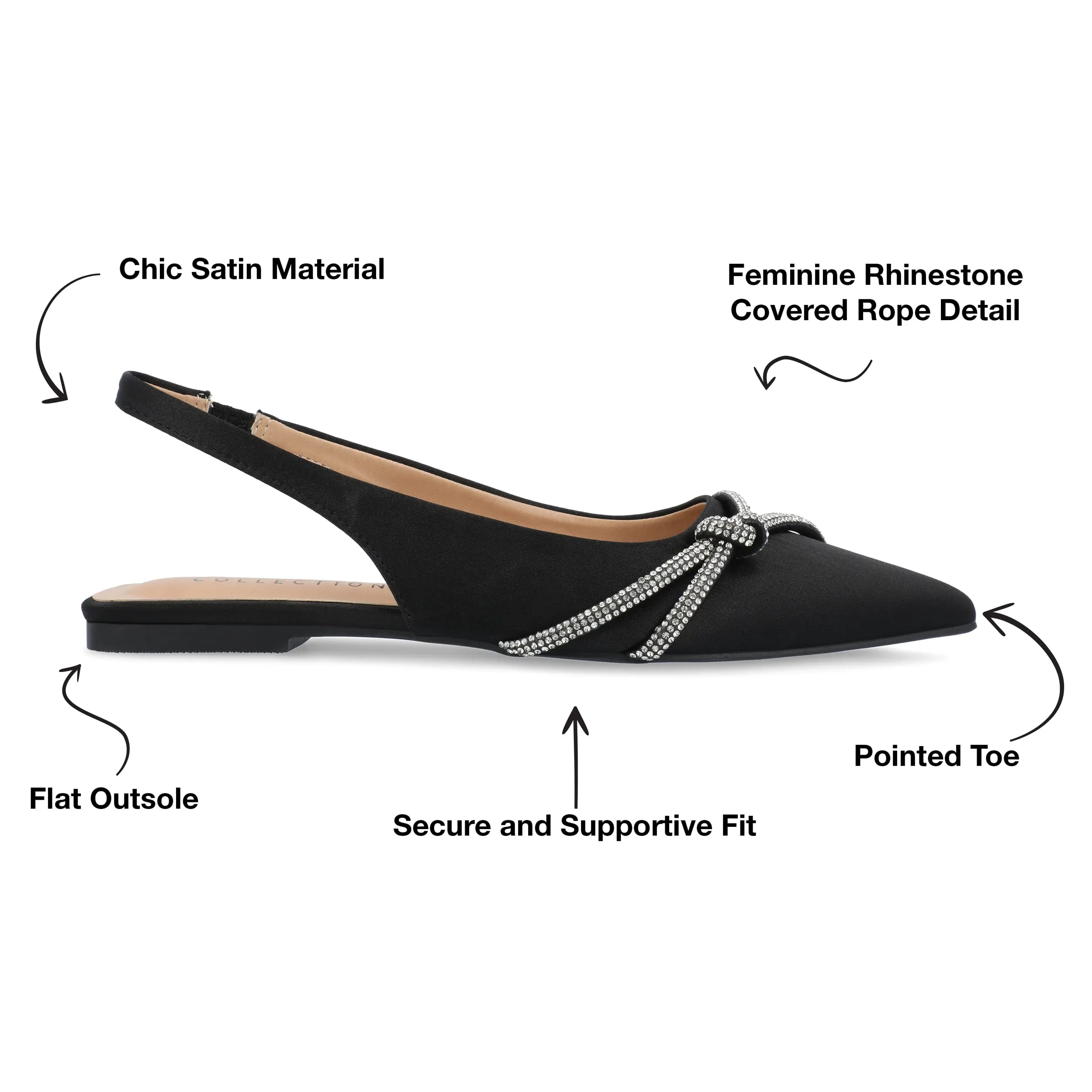 Journee Womens Rebbel Sling Back Pointed Toe Evening Dress Flats Black