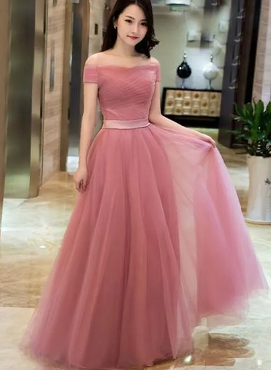 Lovely Pink Off Shoulder Tulle A-line Floor Length Formal Dress, Dark Pink Junior Prom Dress