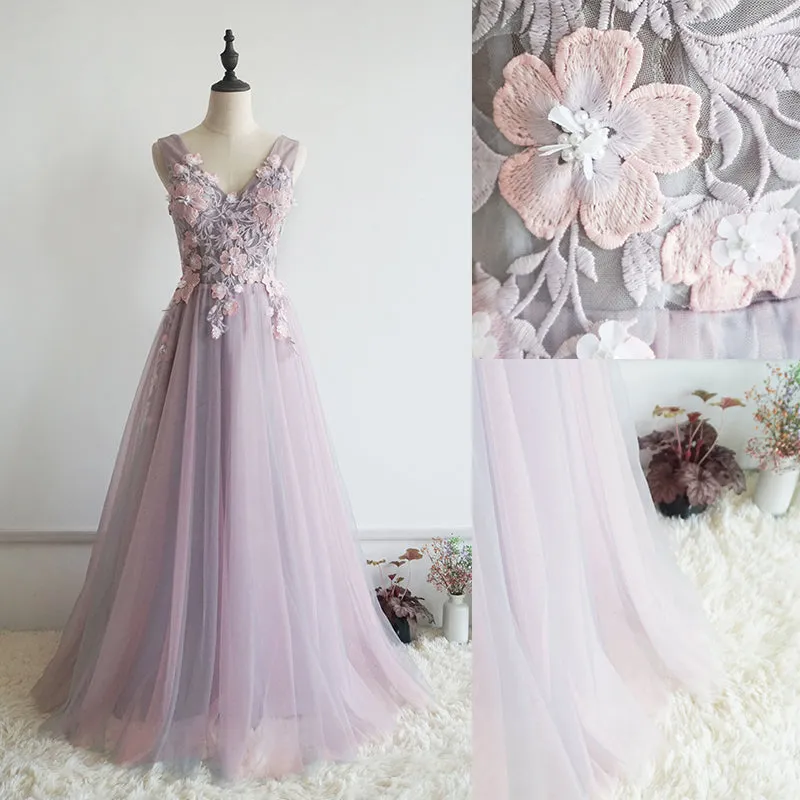 Lovely Pink V-neckline Floral Lace Party Dress, Pink Formal Dress