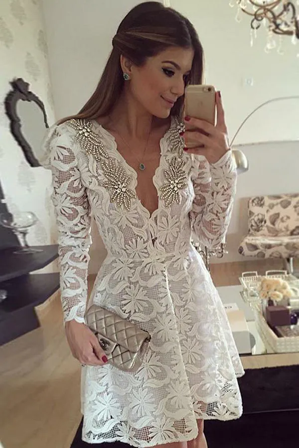 Luxurious Long Sleeve Deep V Neck Homecoming Dress,Lace Appliques Beading Short Prom Dress, SH236