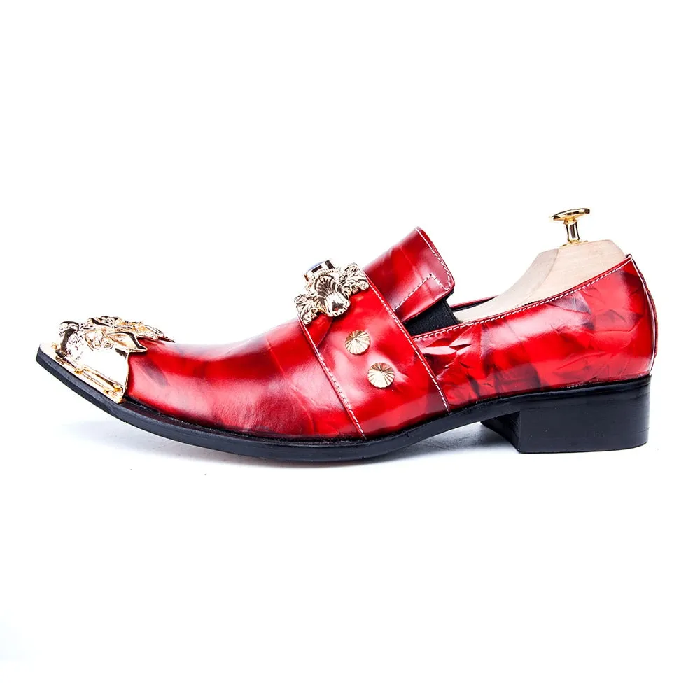 Luxury Italian Men Business Shoes Pointed Toe Formal Dress Shoes Metal Charm Genuine Leather Party Men Shoes Red
