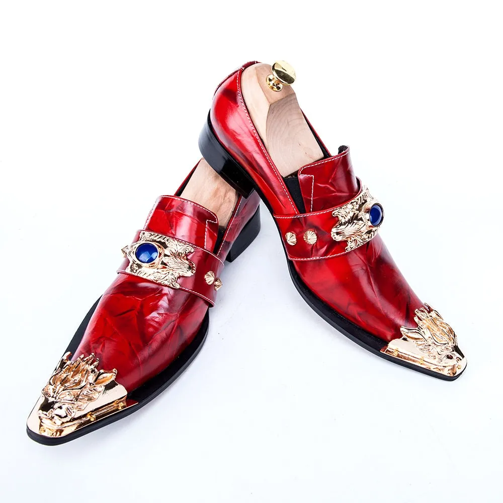 Luxury Italian Men Business Shoes Pointed Toe Formal Dress Shoes Metal Charm Genuine Leather Party Men Shoes Red