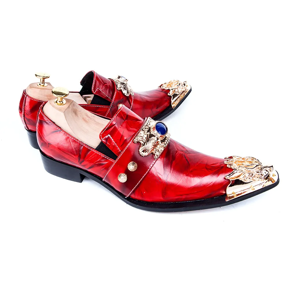 Luxury Italian Men Business Shoes Pointed Toe Formal Dress Shoes Metal Charm Genuine Leather Party Men Shoes Red