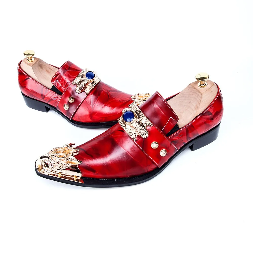 Luxury Italian Men Business Shoes Pointed Toe Formal Dress Shoes Metal Charm Genuine Leather Party Men Shoes Red