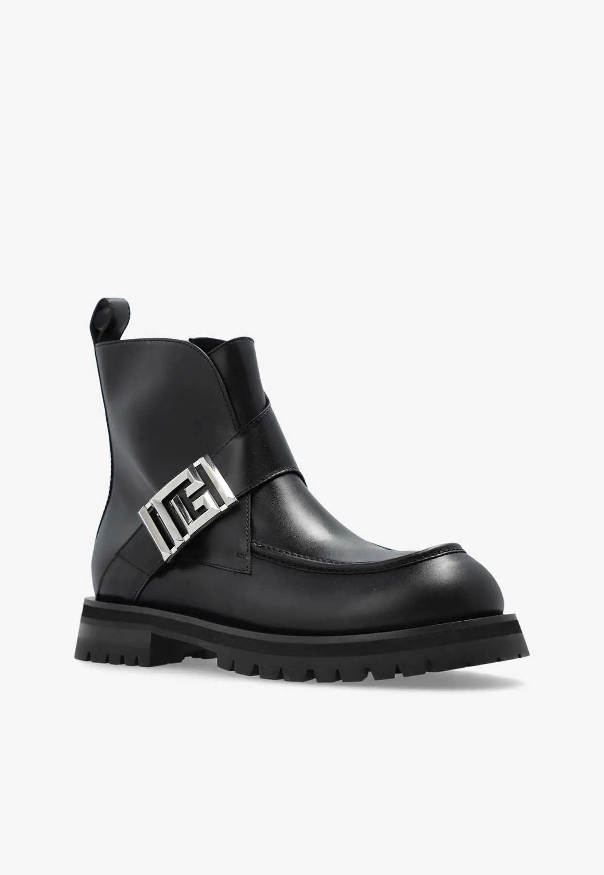 Monogram Buckle Leather Ankle Boots