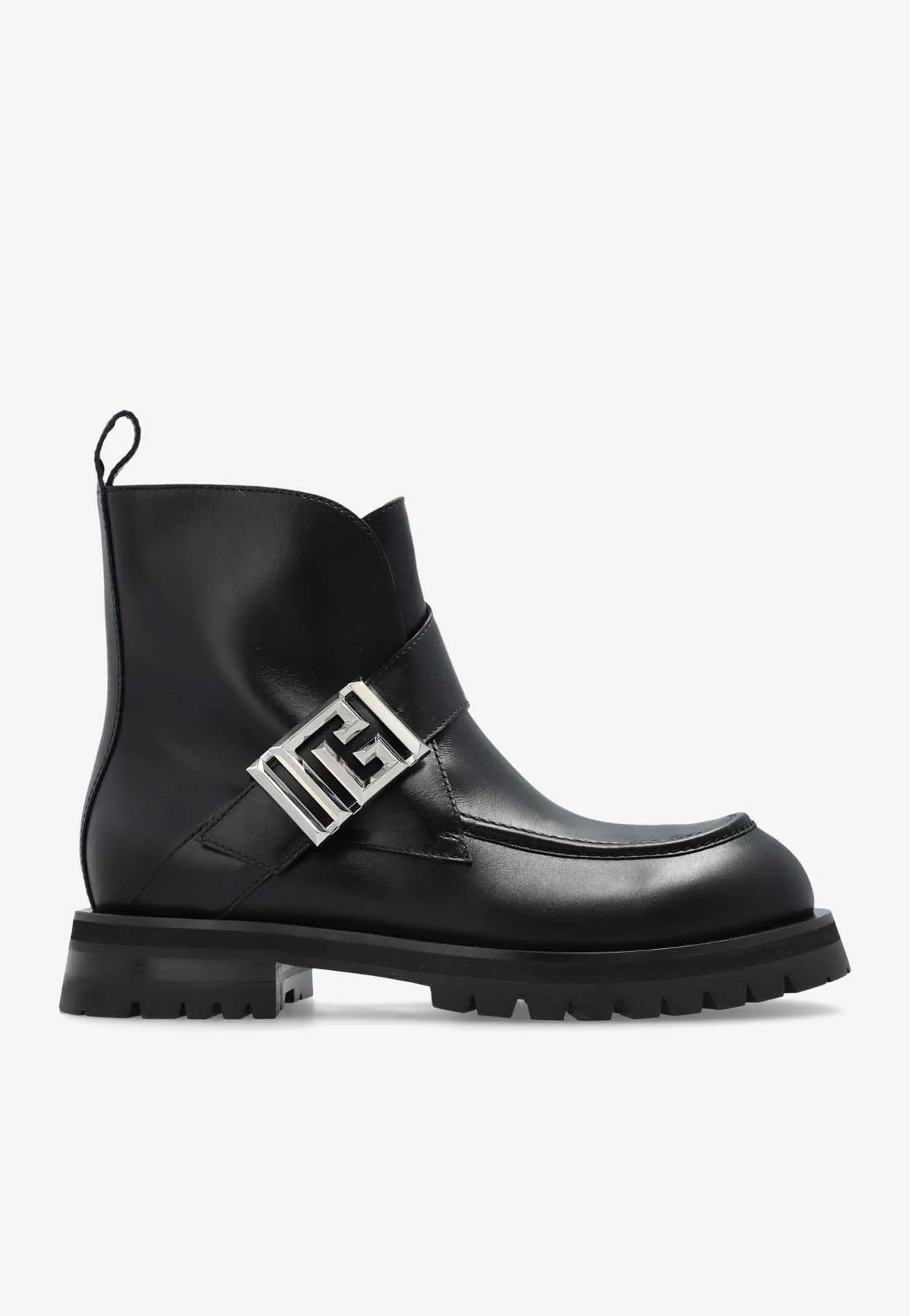 Monogram Buckle Leather Ankle Boots