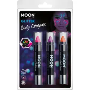 Moon Glow Neon Uv Glitter Body Crayons, Magenta, Purple, Orange