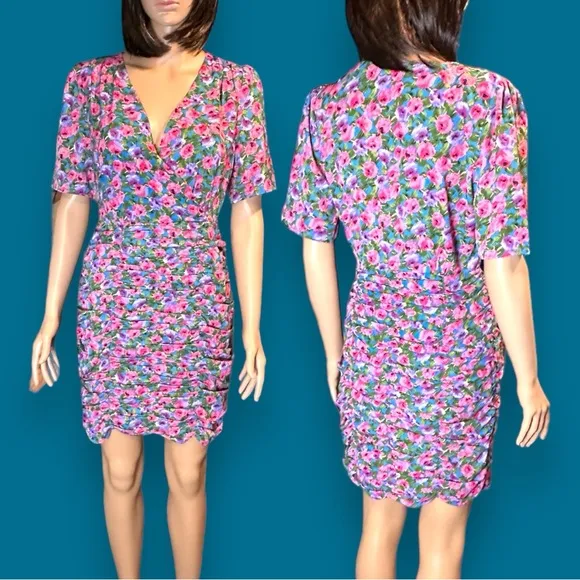 NWT Vernacular Cross Front Ruched Dress in Multicolored Floral Print. Size Small