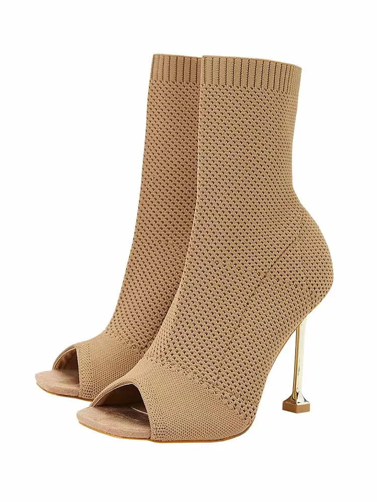 Peep Toe Stiletto Heeled Sock Boots