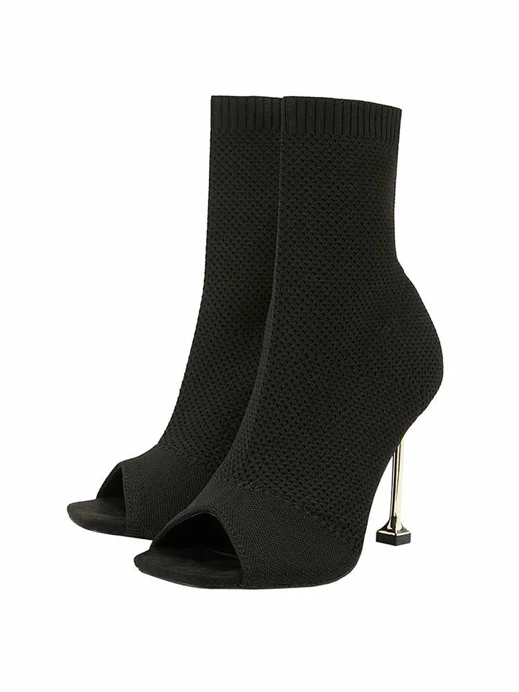 Peep Toe Stiletto Heeled Sock Boots