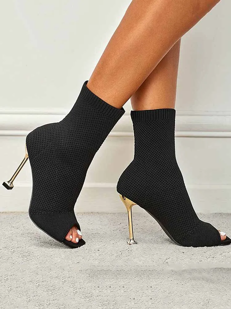 Peep Toe Stiletto Heeled Sock Boots