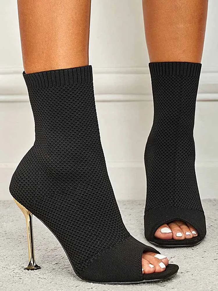 Peep Toe Stiletto Heeled Sock Boots