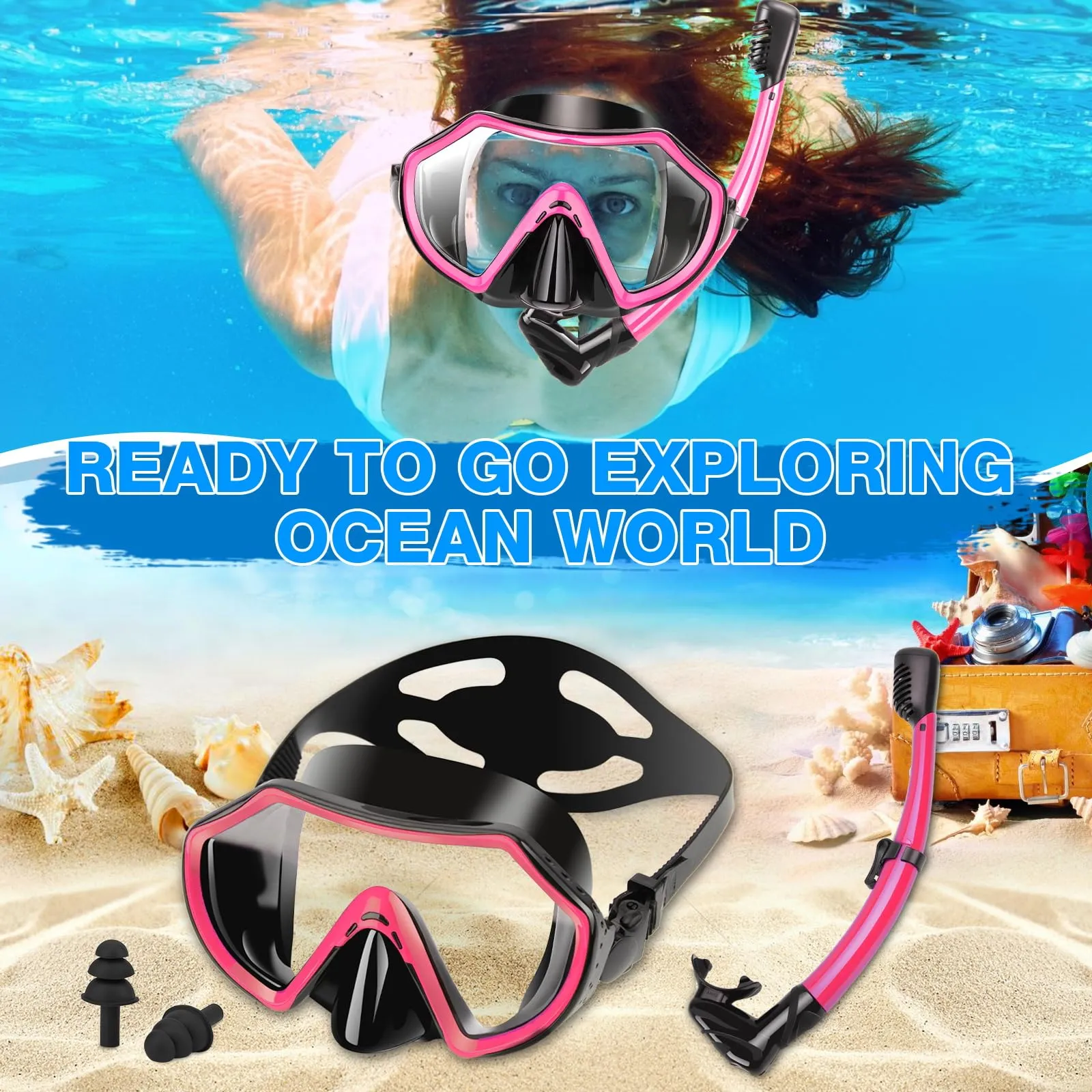 PIYAZI Snorkeling Gear for Adults, Dry Adult Snorkel Set HD Panoramic View Snorkel Mask Set, Anti-Leak and Anti-Fog Scuba Diving Package with Mesh Bag Ear Plug for Snorkeling Scuba Diving Travel