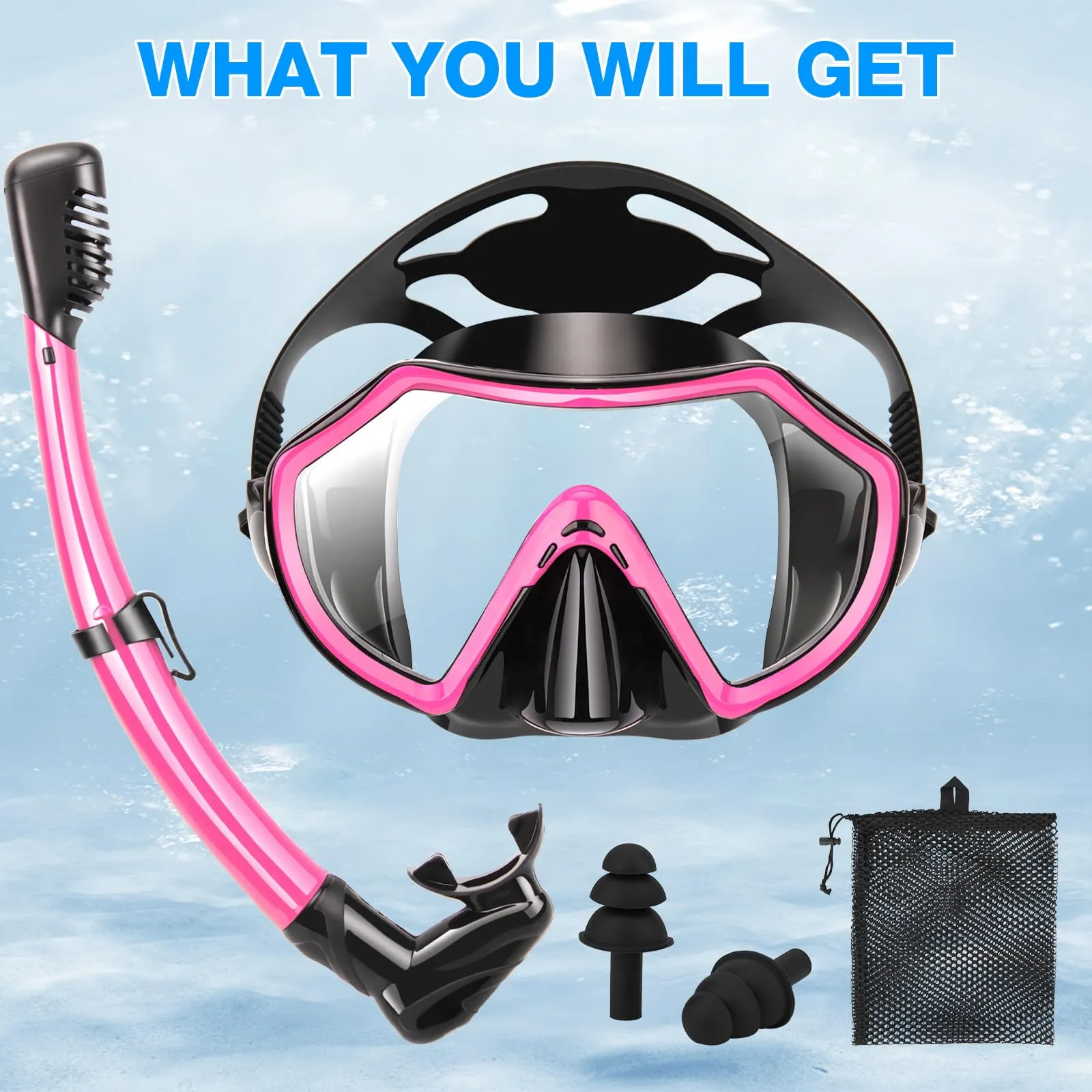 PIYAZI Snorkeling Gear for Adults, Dry Adult Snorkel Set HD Panoramic View Snorkel Mask Set, Anti-Leak and Anti-Fog Scuba Diving Package with Mesh Bag Ear Plug for Snorkeling Scuba Diving Travel