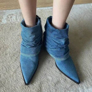Pleated Denim Heeled Boots