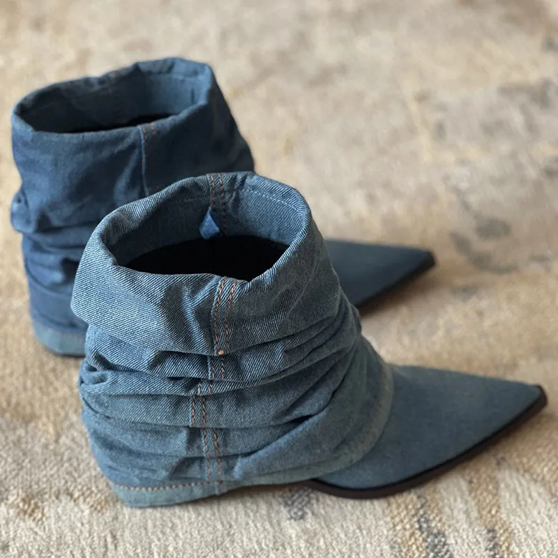 Pleated Denim Heeled Boots