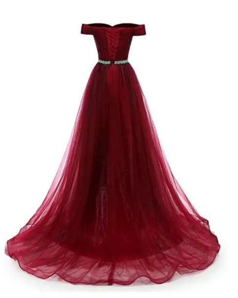 Pretty Dark Red Off Shoulder Long Party Dress with Beadings, Tulle Evening Dress