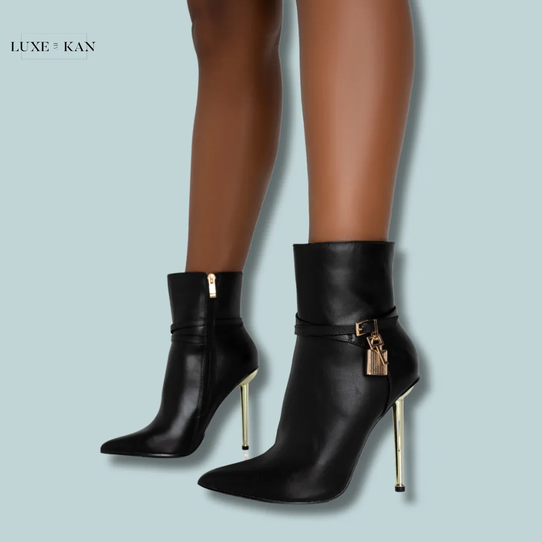 PUBLIC DESIRE JALAN BLACK PU PADLOCK POINTED TOE GOLD STILETTO HEEL ANKLE BOOTS