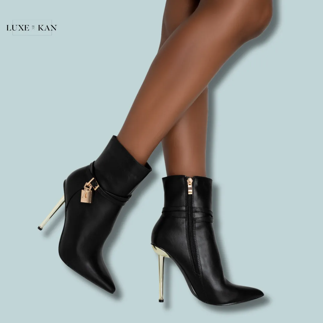 PUBLIC DESIRE JALAN BLACK PU PADLOCK POINTED TOE GOLD STILETTO HEEL ANKLE BOOTS