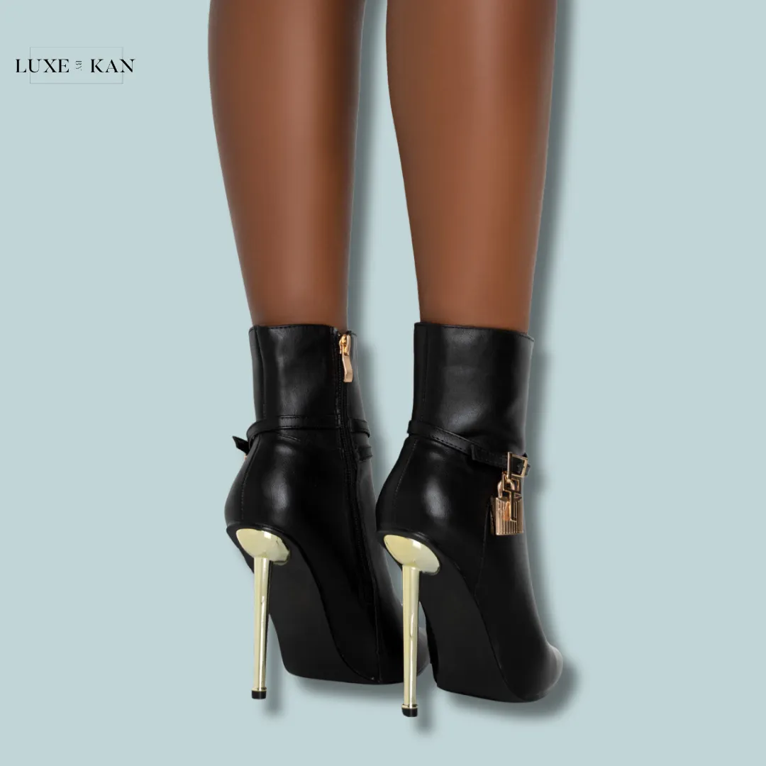 PUBLIC DESIRE JALAN BLACK PU PADLOCK POINTED TOE GOLD STILETTO HEEL ANKLE BOOTS